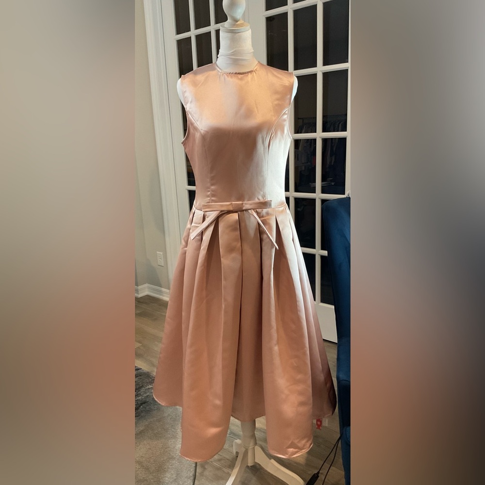 NWT Cider Pink Satin Sleeveless Bow Front Pleated Midi Dress Size M 🎀 - Picture 7 of 16